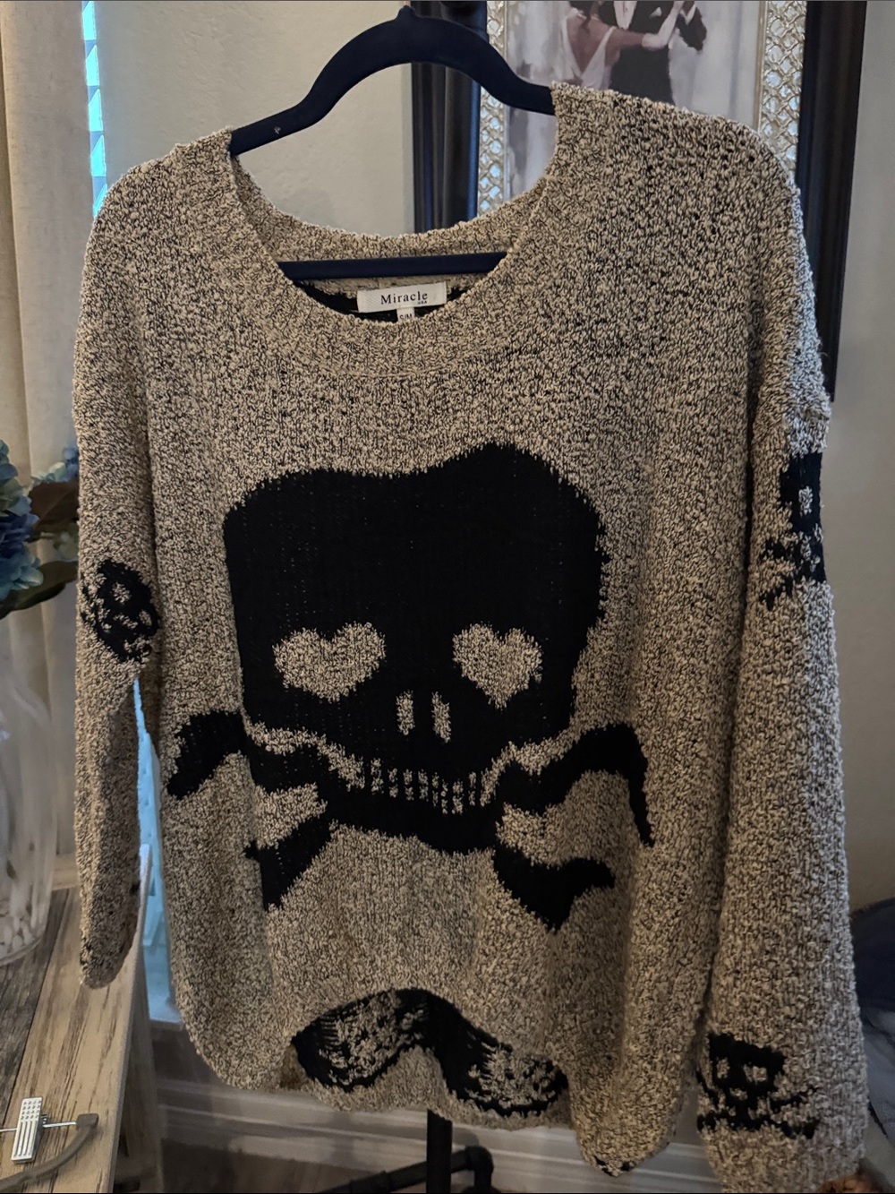 Miracle Beige and Black Skull Crewneck Sweater